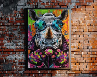 Neon Graffiti Rhino Pop Art Print: Colorful Rhinoceros Wall Art (Digital Download)