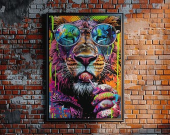 Neon Graffiti Lion Pop Art Print: Urban Animal Wall Poster (Digital Download)