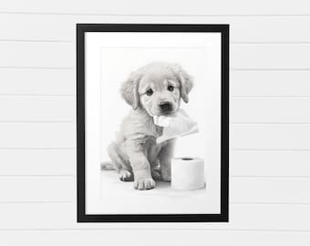 Golden Retriever Puppy Toilet Paper Print: Humorous Dog Bathroom Art (Digital Download