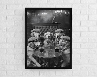 Golden Retrievers Bar Print: 1950s Dog Pub Scene (Digital Download)