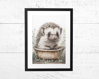 Cottagecore Hedgehog in Bathtub Art: Whimsical Pastel Bathroom or Nursery Decor (Digital Download)