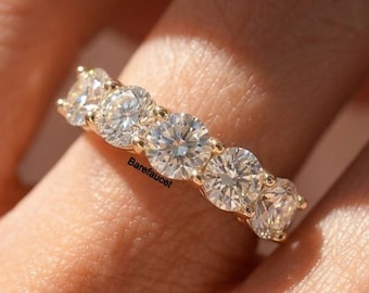 4 mm Round Cut Moissanite Diamond Wedding Band, Five Stone Daily Wear Diamond Band, 14k Yellow Gold Matching Band For Engagement Ring, Gift