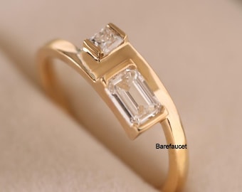 Emerald Cut Moissanite Two Stone Gold Ring, Modern Geometric Engagement Band