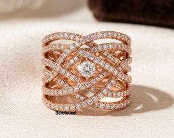 Double Criss Cross Ring With Round Moissanite Diamond Ring, Stackable Studded Interwoven Shank Ring, 10k Rose Gold Pave Half Eternity Band