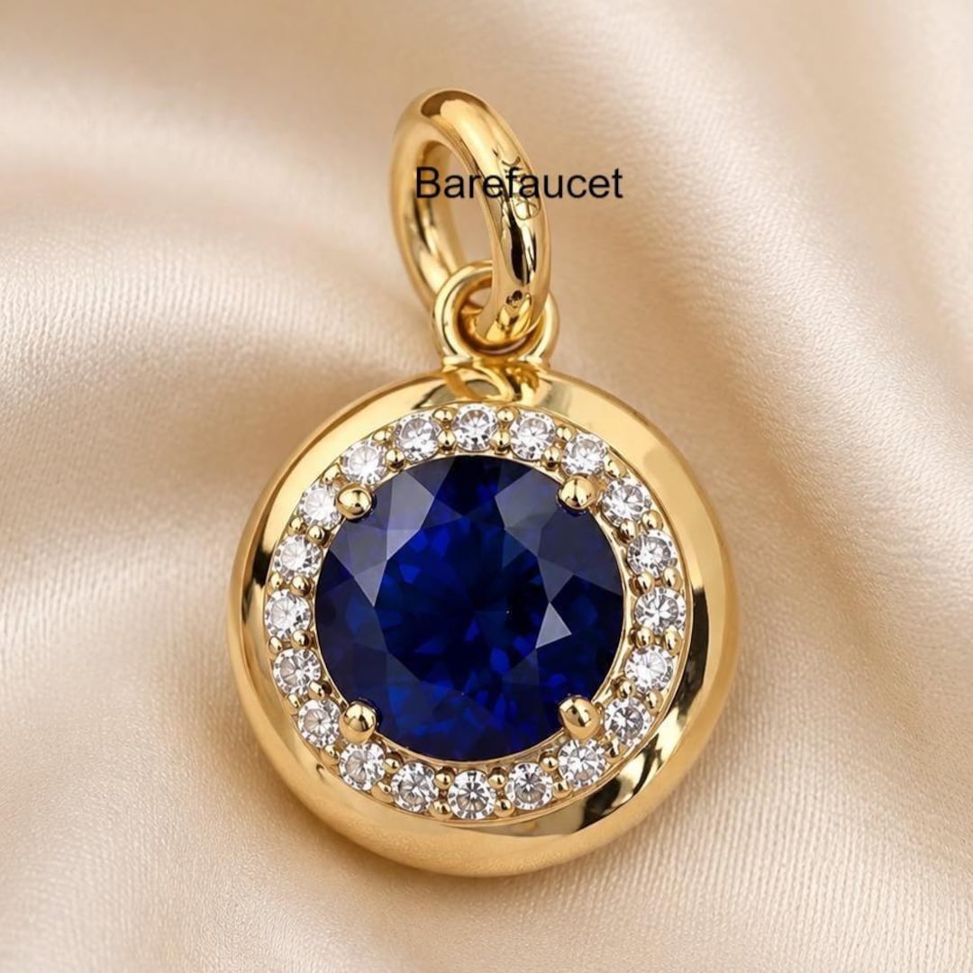 Candy Button Blue Sapphire Halo Pendant, Round Sapphire Charm, Diamond ...