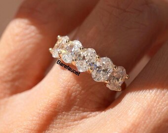 1.75 TCW Oval Cut Moissanite Diamond Wedding Band, Five Stone Daily Wear Wedding Band, 14k Yellow Gold Matching Band For Engagement Ring