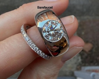 Wide Dome Solitaire Ring, Bold Round Moissanite Statement Band, High Polish Modern Ring