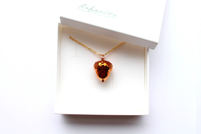 Real acorn Iridescent Copper pendant necklace with gold chain