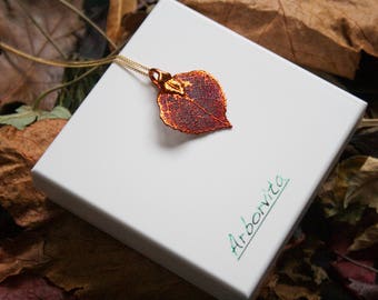 Real Aspen Leaf iridescent copper pendant necklace with gold chain chain