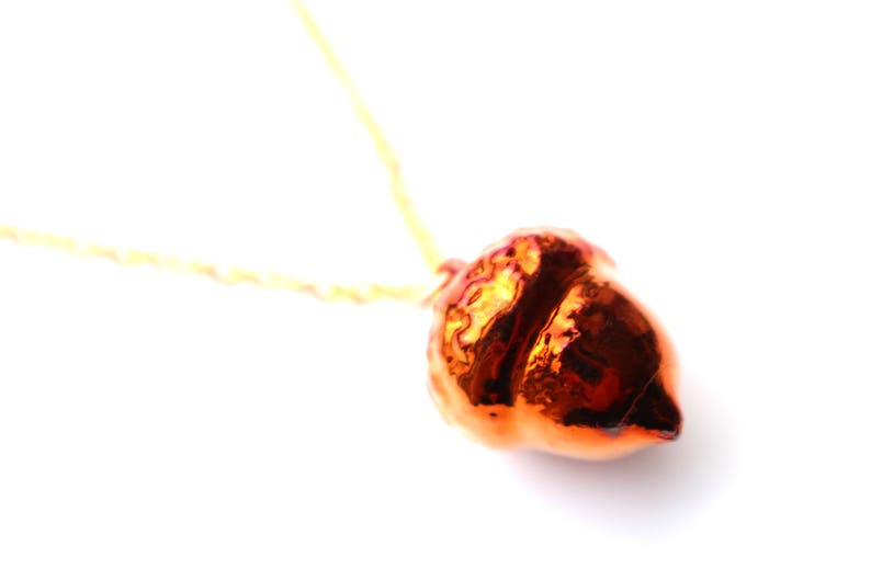 Real acorn Iridescent Copper pendant necklace with gold chain