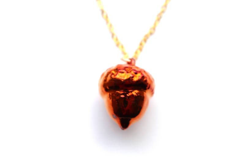 Real acorn Iridescent Copper pendant necklace with gold chain