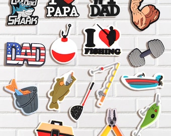 Dad Fishing Shoe Charms Set, 16 Pcs Father’s Day Clog Charms, Papa Fishing Gift, Shark Boat Gym Shoe Accessories for Men