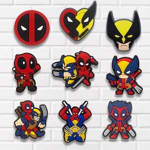 May include: A collection of colorful, cartoon-style character designs featuring Deadpool and Wolverine. The designs include circular and heart-shaped emblems, as well as figures of the characters in various action poses. The color palette includes red, black, yellow, and blue.