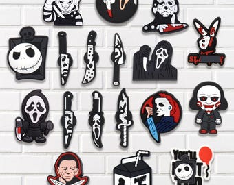 20PCS Horror Movie Shoe Charms Set – Scary Mask, Knife & Creepy Character Accessories for Shoes Clogs Bags , Halloween Spooky Style