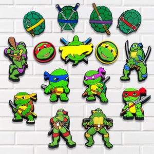 May include: A collection of Teenage Mutant Ninja Turtles themed accessories. The image features various designs, including turtle shells with weapons, character faces, and full-body figures of the turtles in action poses. The color palette includes green, red, blue, and purple.