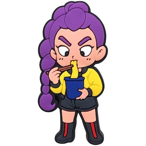 K&ouml;nnte beinhalten: Ein Cartoon-Charme mit einer Figur mit lila Haaren und einer gelben Jacke, die Nudeln aus einer blauen Sch&uuml;ssel mit Essst&auml;bchen isst. Die Figur tr&auml;gt schwarze Shorts und Stiefel mit roten Akzenten.