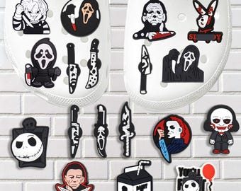 Horror Movie Shoe Charms Set – Scary Mask Knife Ghost Accessories for Clog Shoes Sandals, Halloween Party Favors, Spooky Gifts for Friends