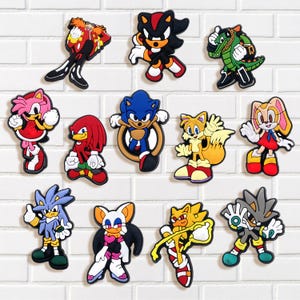 May include: A collection of colorful character charms featuring various characters from the Sonic the Hedgehog franchise. The charms include Sonic, Tails, Knuckles, Amy Rose, and others, in vibrant colors and dynamic poses.