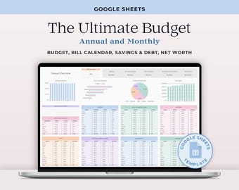 Ultimate Annual and Monthly Budget Google Sheets Spreadsheet in Pastel, Yearly Budgeting Template Planner