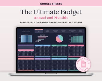 Google Sheets Annual Budget Spreadsheet in Dark Mode with Savings, Debt, Net Worth Trackers