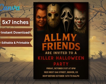 Invitación a fiesta de Halloween de película de terror - Plantilla editable de Canva (PDF)