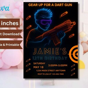 May include: Black invitation card with a neon illustration of a person holding a dart gun. The text reads "Gear Up For A Dart Gun" and "Jamie's 12th Birthday". The card is 5x7 inches and is editable and printable.