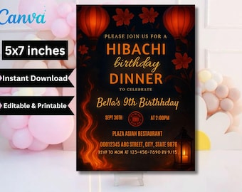 Invitación editable para cena de cumpleaños con tema hibachi, invitación para fiesta con tema hibachi, invitación para cumpleaños con temática japonesa y asiática, plantilla de Canva, Evite