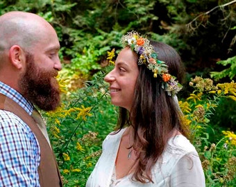 Yellow Country bridal Dried Flower crown set of 2 Grooms Boutonniere Babys Breath wildflower hair wreath Wedding Halo Hairpiece accessories