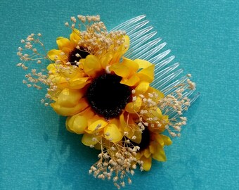 Elope Sunflower hair comb bridal simple headpiece spring summer Wedding veil accessories vow renewal silk dried flower Babys Breath