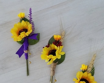 Mens boutonniere Sunflower burgundy wedding flowers lavender wheat babys breath fall autumn bridal party silk flower accessories twine