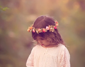 dried Flower girl Halo Bridal Floral crown fairy Wedding Accessories Peach Coral hair wreath circlet champagne headpiece child photo prop