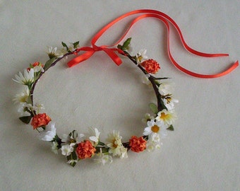 orange Wedding hair accessory fall photo prop Bridal Flower girl halo crown Artificial flowers Spring floral circlet wreath daisy hippie