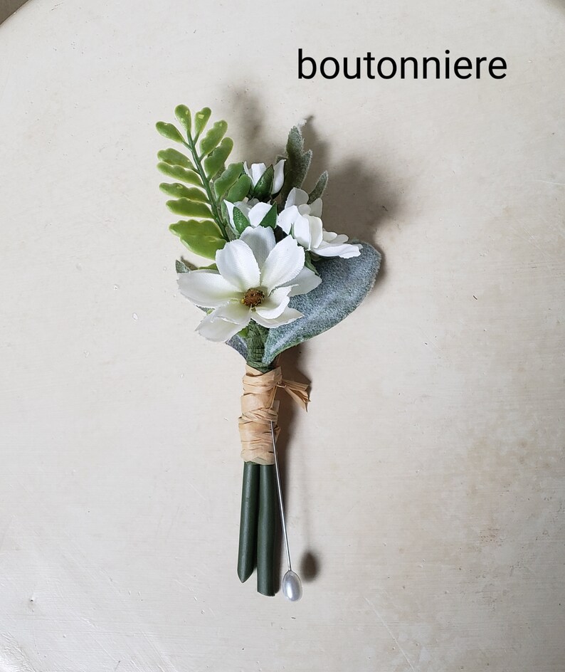 Elope Wedding Flowers winter groom boutonniere natural silk lambs ear white ivory blossoms bridal party simple wildflowers minimalist image 5