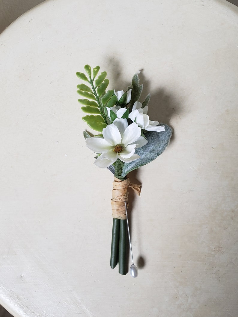 Elope Wedding Flowers winter groom boutonniere natural silk lambs ear white ivory blossoms bridal party simple wildflowers minimalist image 10