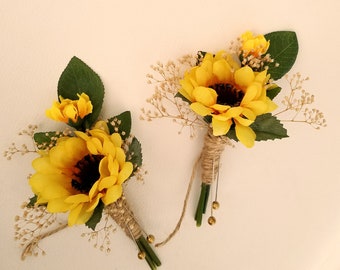 2 Sunflower boutonnieres silk dried spring Groom wedding flower accessories made USA bridal babys breath artificial prom summer anniversary