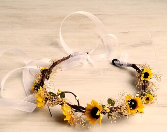 Bridal Dried flower crown Sunflower summer hair wreath halo sheer white ribbon veil USA Made Destination Weddings Accessories yellow Halo