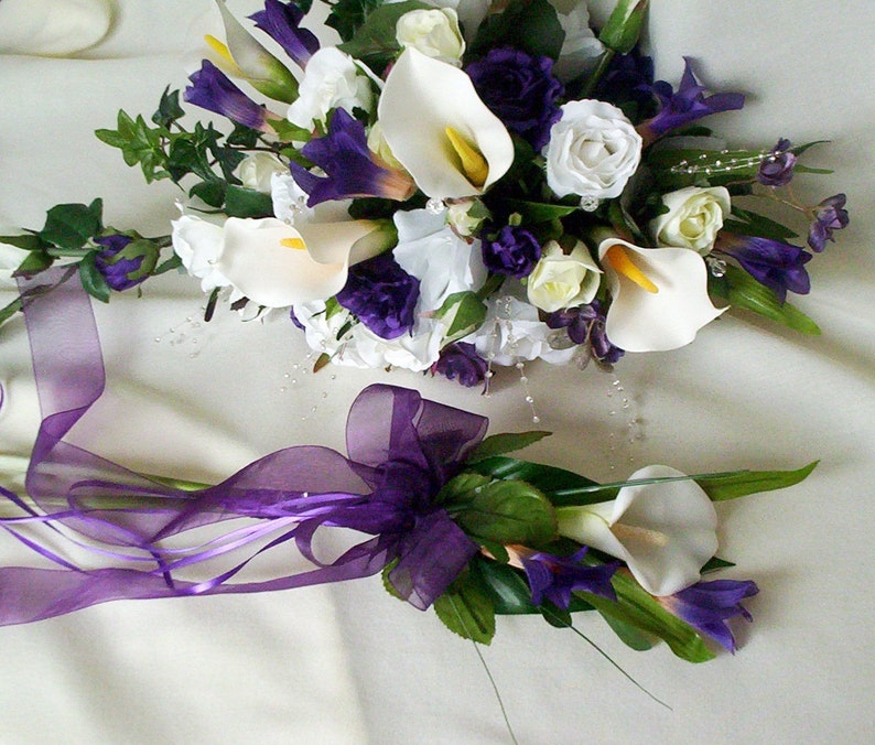 Silk Wedding Flowers Calla Lilly Bouquet Purple Brides Maid Etsy