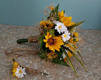 Elopement Sunflower bridal bouquet boutonniere set silk white daisies twine wrap elope party bridesmaid yellow destination accessories