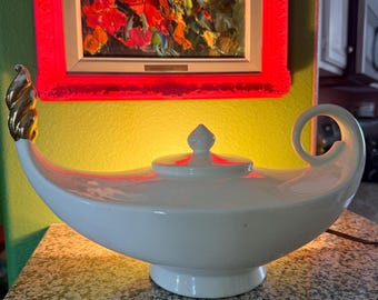 Vintage MCM White Ceramic TV Genie Lamp | Aladdin Style Accent Light