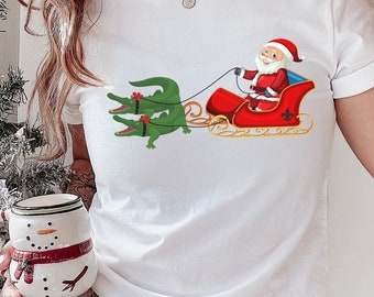 Cajun Christmas Funny Santa Sleigh pulled by Gators Shirt for Louisiana and the South