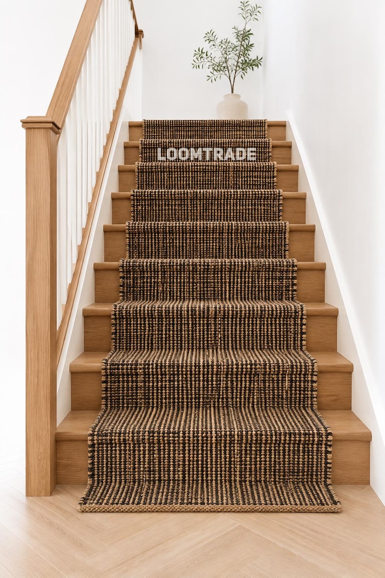 May include: A woven stair runner featuring a textured pattern of alternating dark brown and natural tan fibers. The runner is installed on wooden stairs and displays the white text LOOMTRADE on the second step from the top of the runner.