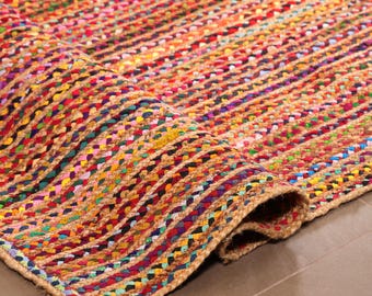 Hand Braided Cotton Jute Chindi Rugs Multicolor Chindi Area rug , Handwoven Indian Rug