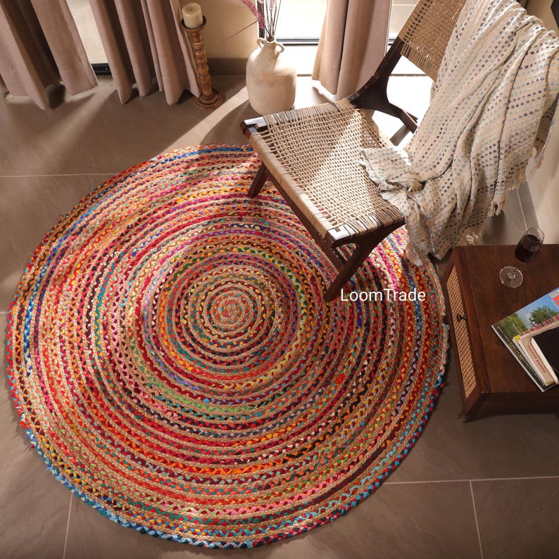 Chindi Round Jute Rug – Handwoven Flat Weave Farmhouse Rug, Sustainable Indian Rag & Jute Mat, Retro Navajo Style, Housewarming Gift for Mom