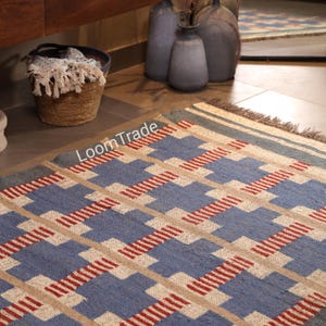 Handwoven Wool Jute Kilim Rug – Blue Beige Rust Geometric Checkered Area Rug For Living room,Bedroom,Dining area,Hallway,Entryway, Office