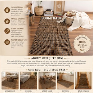 May include: A rectangular, handwoven jute rug featuring a dark brown and black textured pattern. The rug is displayed in various room settings including a living room, bedroom, dining area, kitchen, and hallway, with text detailing its handmade nature.