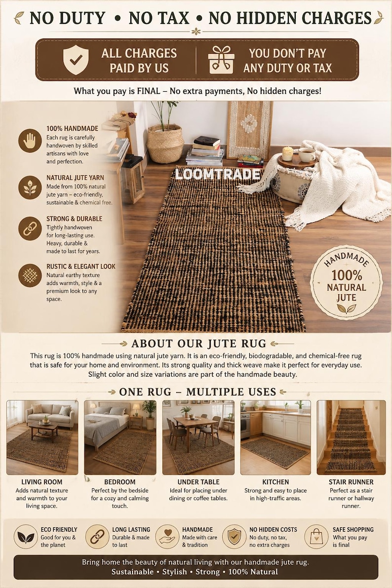 May include: A rectangular, handwoven jute rug featuring a dark brown and black textured pattern. The rug is displayed in various room settings including a living room, bedroom, dining area, kitchen, and hallway, with text detailing its handmade nature.