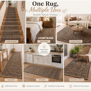 May include: A handwoven natural fiber rug featuring a black and tan striped pattern. The collage displays the rug used as a stair runner, in a bedroom, living room, hallway, kitchen, and on a balcony. Text includes One Rug, Multiple Uses, LOOMTRADE.