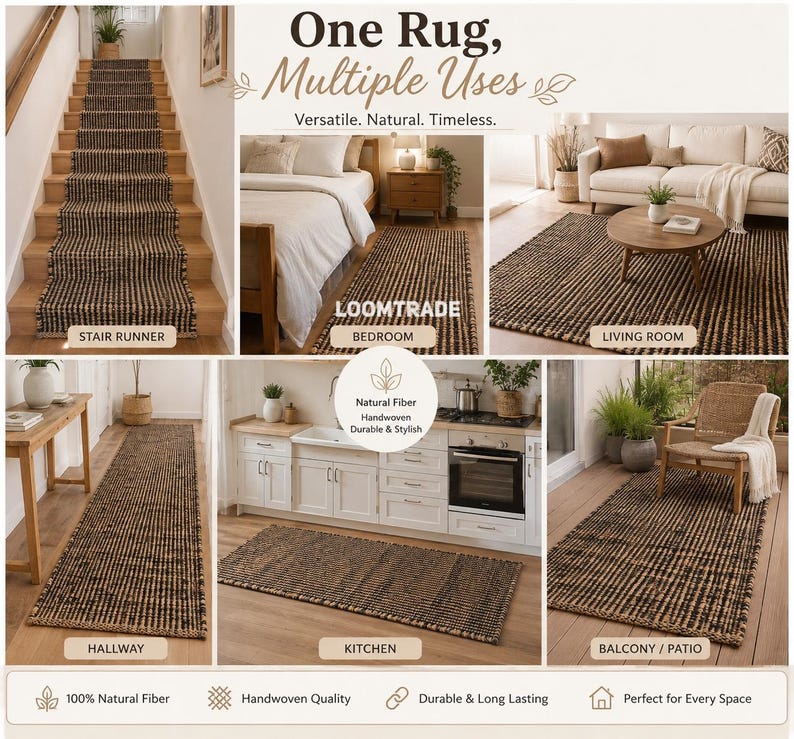 May include: A handwoven natural fiber rug featuring a black and tan striped pattern. The collage displays the rug used as a stair runner, in a bedroom, living room, hallway, kitchen, and on a balcony. Text includes One Rug, Multiple Uses, LOOMTRADE.