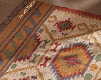 Handwoven Wool Kilim Rug – Bohemian Tribal Geometric Area Rug for living room, bedroom, hallway, entryway, farmhouse, boho home decor.