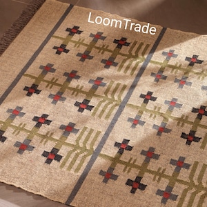 Handmade Wool Jute Kilim Rug, Geometric Flatweave Area Rug, Farmhouse Boho Decor For living rooms, bedrooms, dining areas,hallways entryways